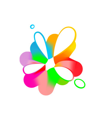 A stylized, abstract flower logo composed of dynamic, looped ribbons creating petal-like shapes radiating from a central white space. The design features a smooth spectrum gradient of vibrant colors, transitioning through hot pink, magenta, soft orange, yellow, green, and cyan, with two small floating oval accents near the top-left and bottom-right edges.