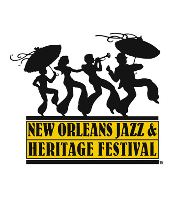 Logo for the New Orleans Jazz & Heritage Festival featuring black silhouettes of four parade dancers and a trumpet player, with two carrying decorated parasols, above yellow rectangular banners with the event name.