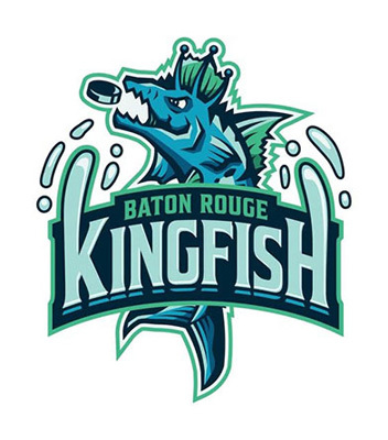 Baton Rouge Kingfish ice hockey logo featuring an aggressive teal and blue fish wearing a crown, biting down on a hockey puck amidst splashing water, with the text 'BATON ROUGE KINGFISH' prominently displayed across the center.