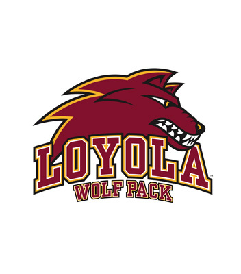 Loyola Wolf Pack athletics logo featuring a snarling maroon wolf head outlined in gold facing right, positioned above bold maroon text outlined in gold that reads 'LOYOLA' and smaller text underneath reading 'WOLF PACK'.