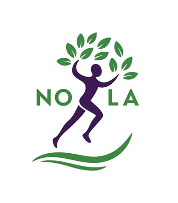 A graphic logo centered on a dark purple silhouette of a runner in mid-stride with raised arms. Green leaves fan out above the runner's head like the canopy of an oak tree, while two green swooping wavy lines sweep beneath their feet. The green text 'NO' appears to the left of the runner and 'LA' to the right, forming 'NOLA'.