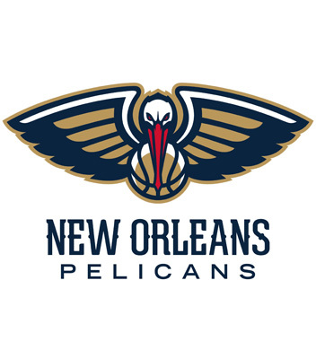 New Orleans Pelicans NBA team logo featuring a navy blue and gold pelican with outstretched wings, holding a basketball in its beak, above the bold navy text 'NEW ORLEANS PELICANS'.