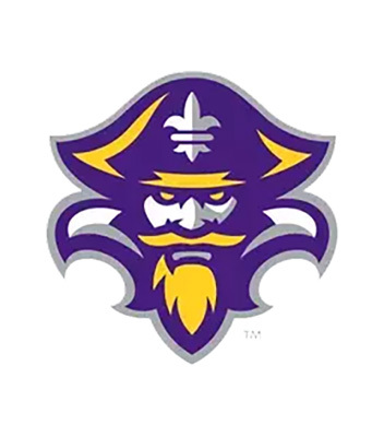 Louisiana–Lafayette Ragin' Cajuns primary pirate logo featuring a stern-faced buccaneer in purple and gold, wearing a tri-fold pirate hat adorned with a white fleur-de-lis, with a gold mustache and beard.