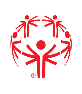 Official logo for Special Olympics, depicting a red symbol on a plain background. The symbol consists of five stylized human figures arranged in a circle, standing arms linked in a globe-like formation with their arms raised in celebration.