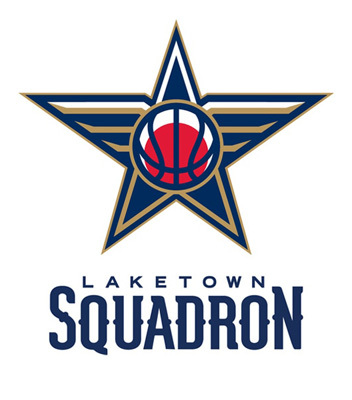 Logo for the Laketown Squadron featuring a large navy blue star outlined in gold, centered with a red and blue basketball graphic, and the words