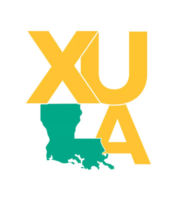 Xavier University of Louisiana (XULA) wordmark logo featuring the letters XULA in yellow, with a green outline map of the state of Louisiana overlapping the lower portion of the letters.