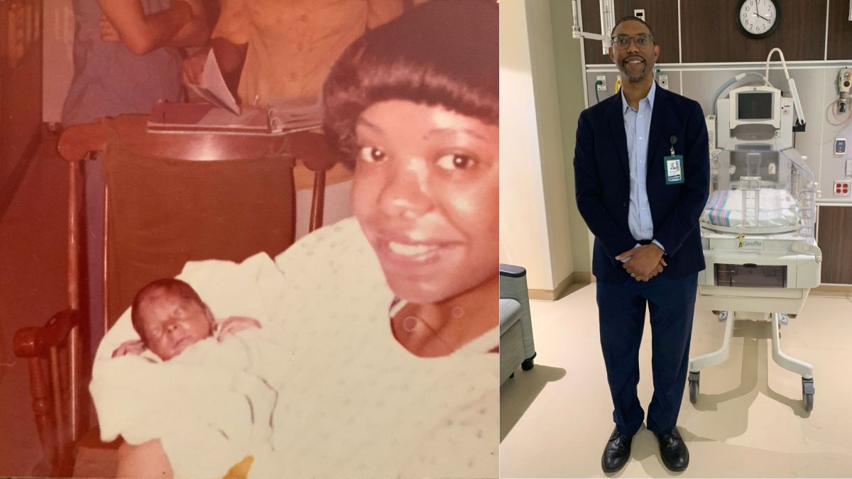 Collage image including a photo of Matt Broussard as a NICU preemie being held by his mom Hattie and a photo of him grown as a 46 year old standing in front of a NICU incubator