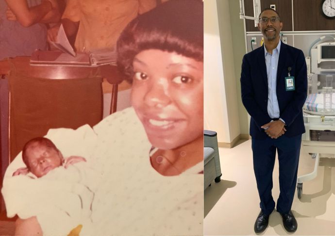 Collage image including a photo of Matt Broussard as a NICU preemie being held by his mom Hattie and a photo of him grown as a 46 year old standing in front of a NICU incubator