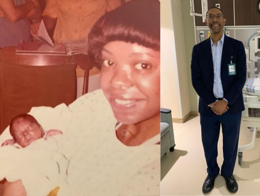 Collage image including a photo of Matt Broussard as a NICU preemie being held by his mom Hattie and a photo of him grown as a 46 year old standing in front of a NICU incubator