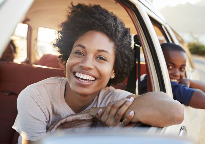 Mother and son in car