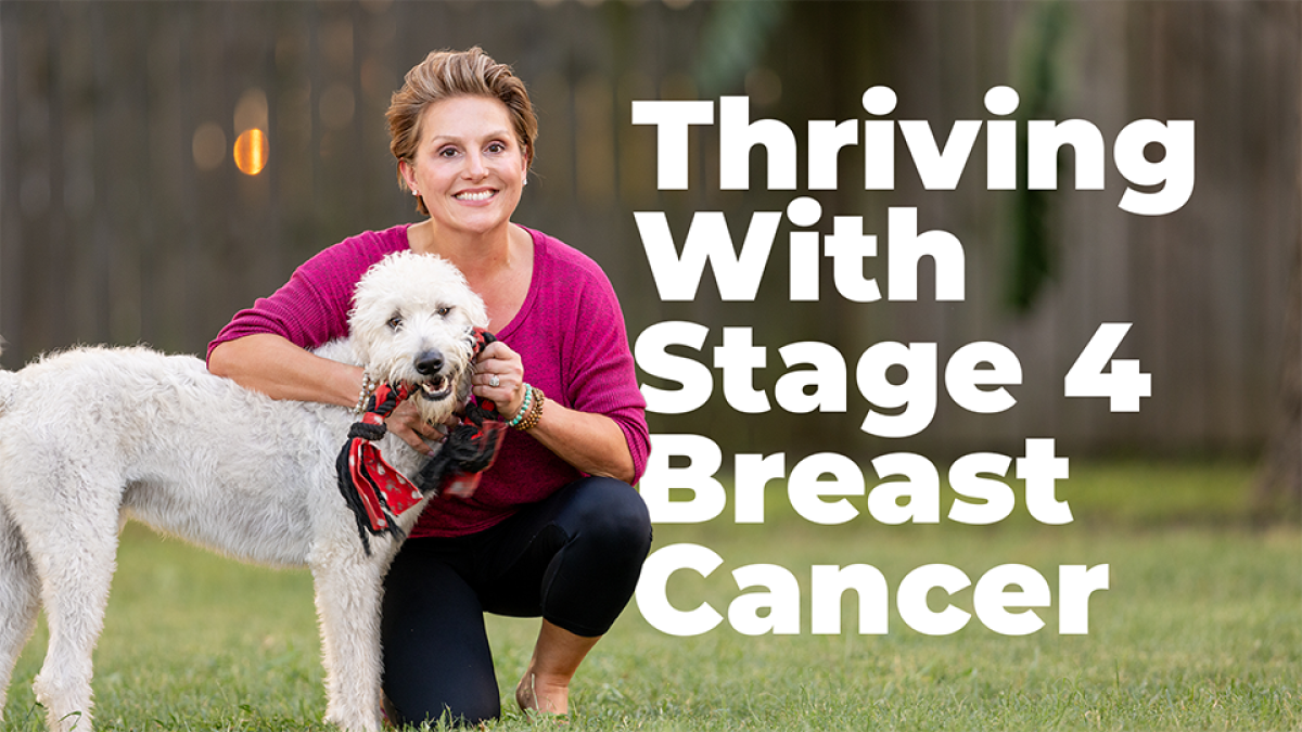 Taysha Gibbs pictured outside with her dog, with the title "Thriving with stage 4 breast cancer" in white text.