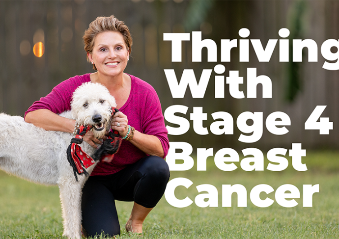 Taysha Gibbs pictured outside with her dog, with the title "Thriving with stage 4 breast cancer" in white text.