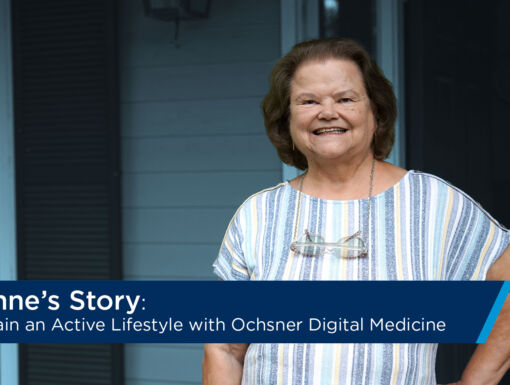 Woman standing on porch smiling at camera with text reading Maintain an Active lifestyle with Oschsner Digital Medicine