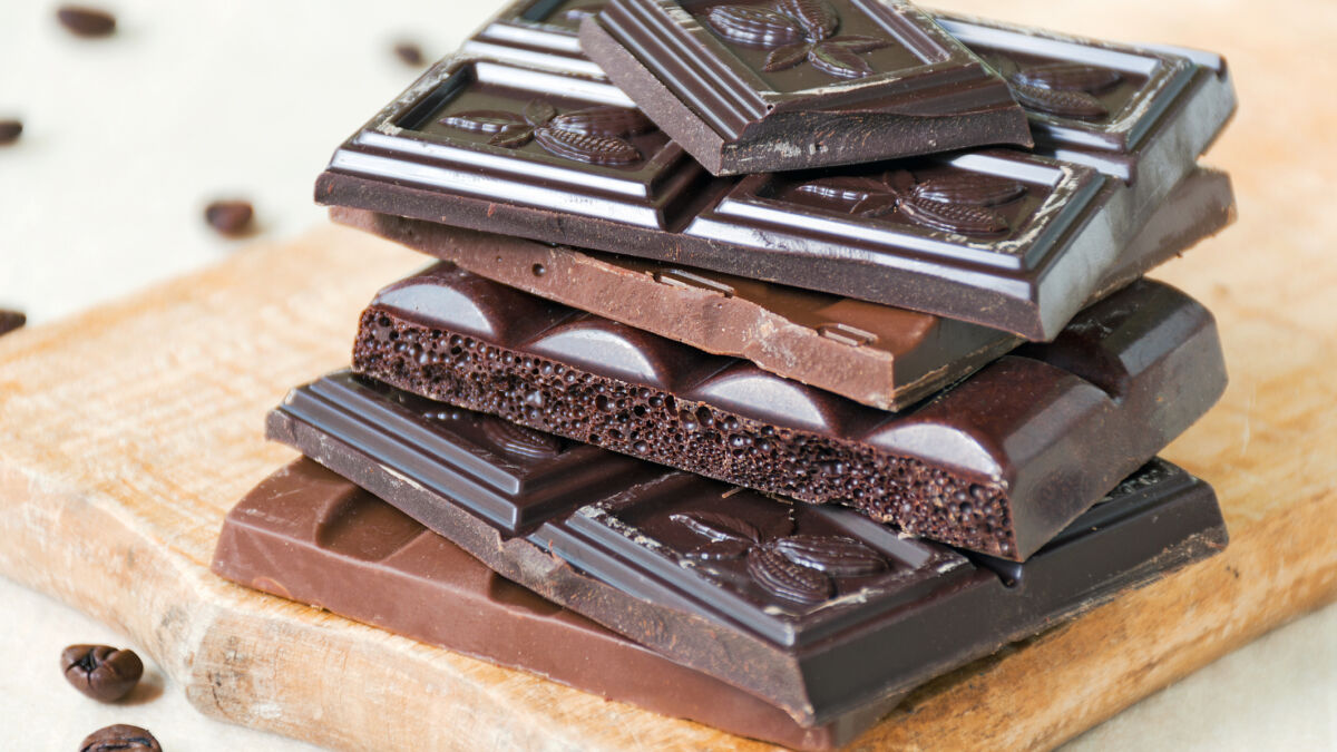 Dark Chocolate bars stacked on cutting board for Valentine's Day treat
