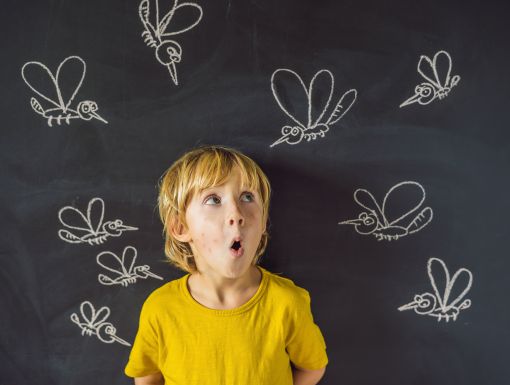 Little boy surrounded by mosquitoes