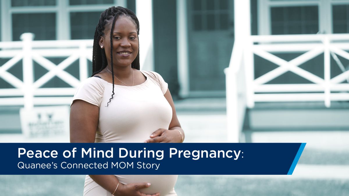 A pregnant woman holding her belly with text that says "Peace of mind during pregnancy"
