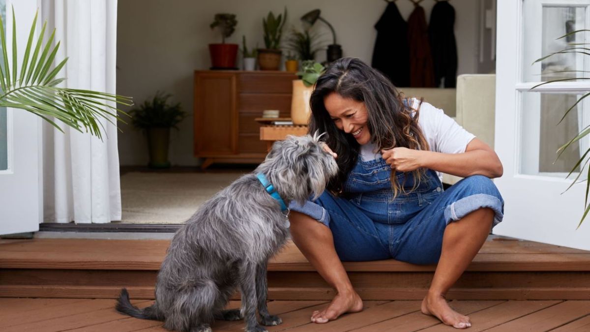 Woman sitting on back porch engaging with dog