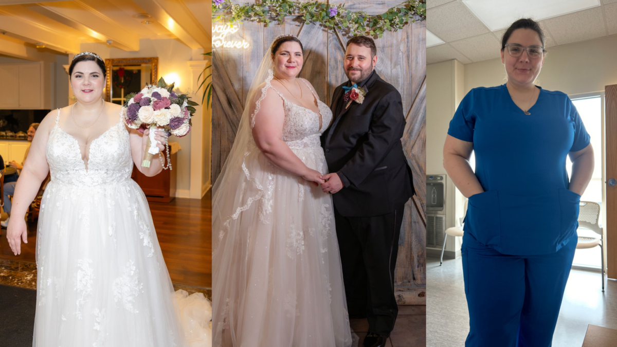 Woman in wedding dress, woman in wedding dress with her husband and woman in scrubs