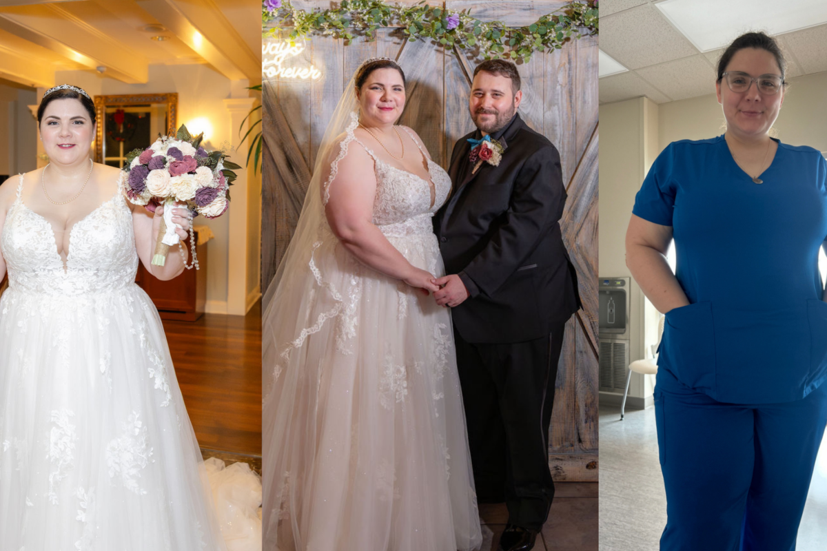 Woman in wedding dress, woman in wedding dress with her husband and woman in scrubs