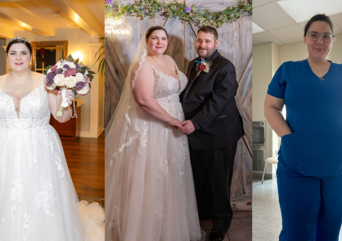 Woman in wedding dress, woman in wedding dress with her husband and woman in scrubs