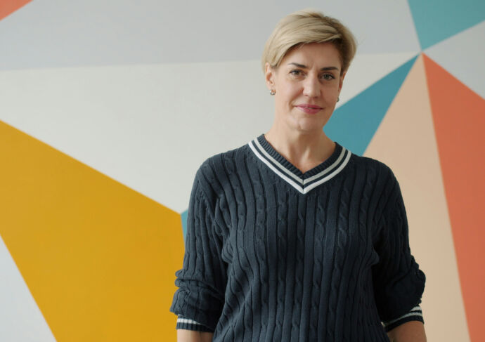 Middle aged woman with short hair
