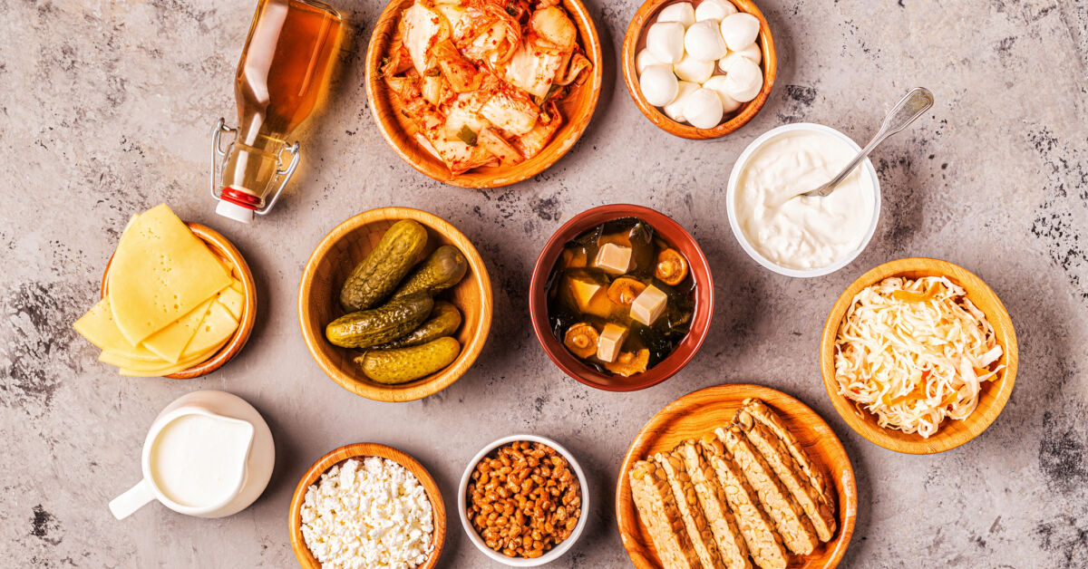 Probiotic-rich fermented foods including yogurt, kefir, and sauerkraut