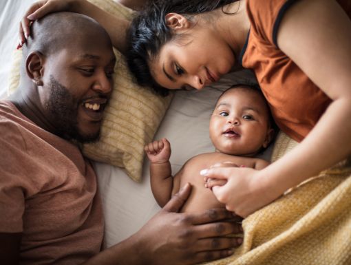 Parents laying with baby