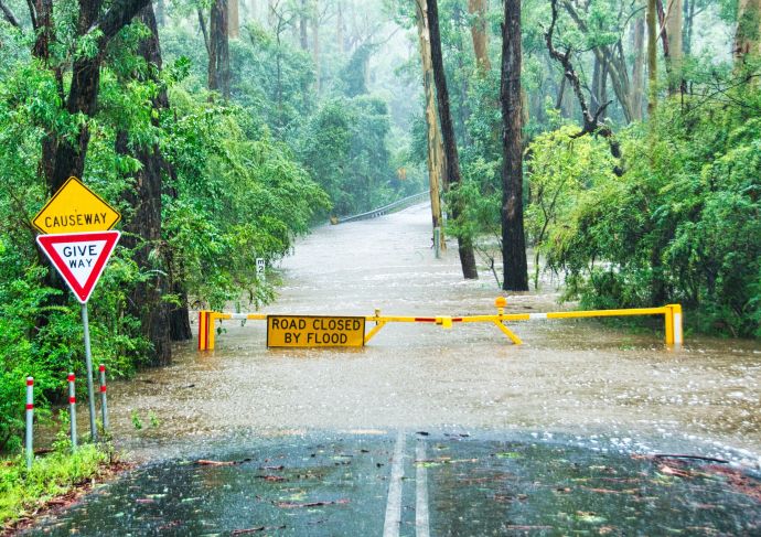 Flooded street caution sign