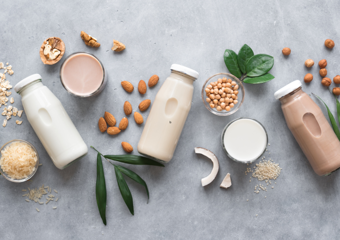 Flat lay of plant based milks