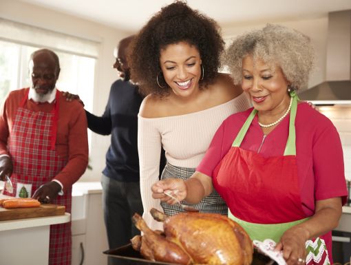 Family preparing turkey dinner together