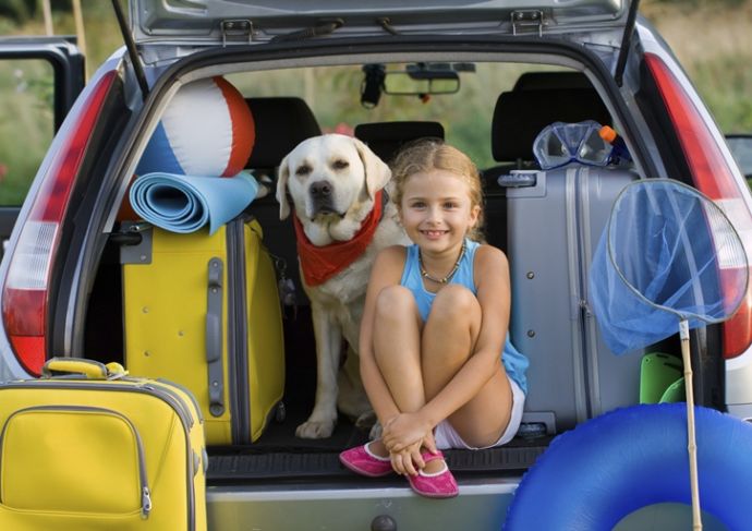 Girl and a dog sitting around suitcases in a packed car