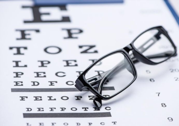 Pair of glasses resting on an eye chart