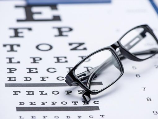Pair of glasses resting on an eye chart