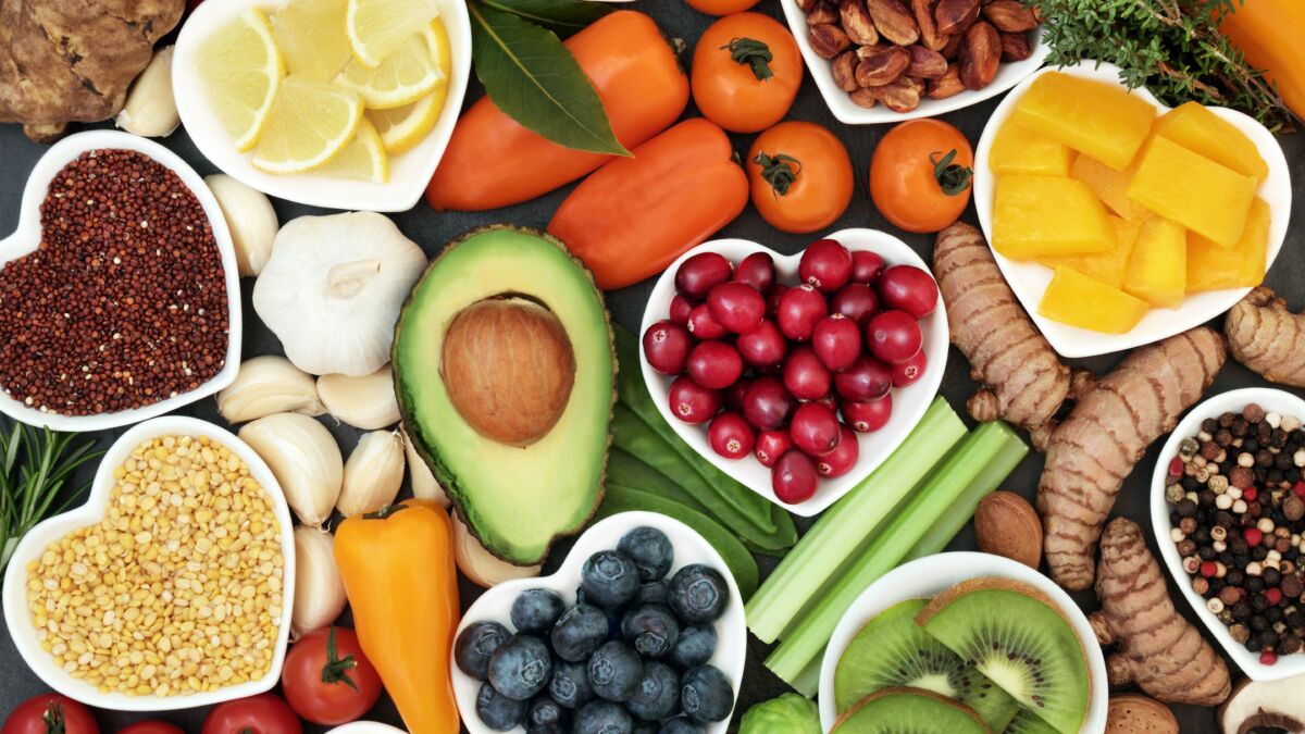 Fruits and vegetables in a heart shaped.