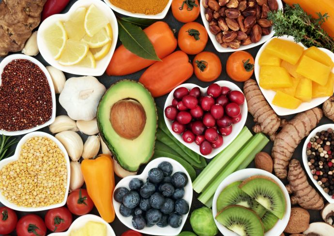 Fruits and vegetables in a heart shaped.