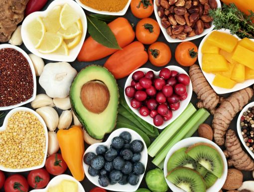 Fruits and vegetables in a heart shaped.