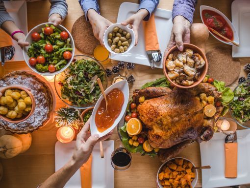 Table full of healthy Thanksgiving foods