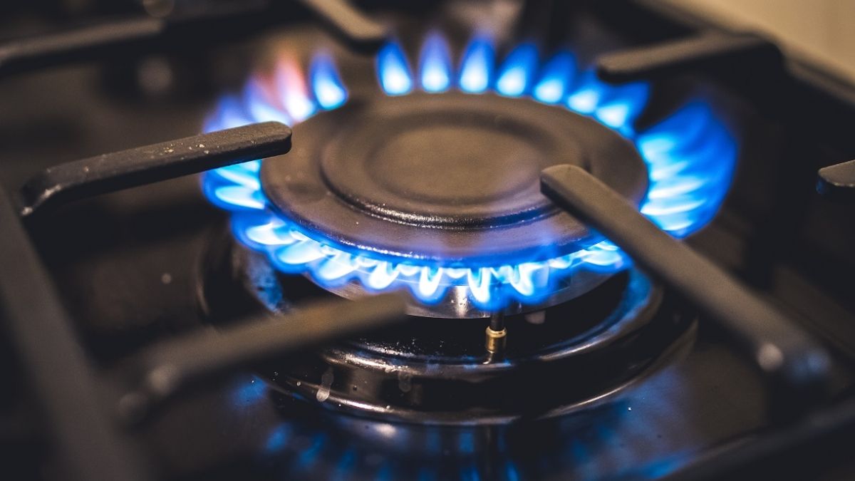 Kitchen gas cooker with burning blueflames fire propane gas