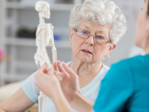 A female provider showing an elderly woman a skeleton model to showcase what happens to bones when you have osteoporosis