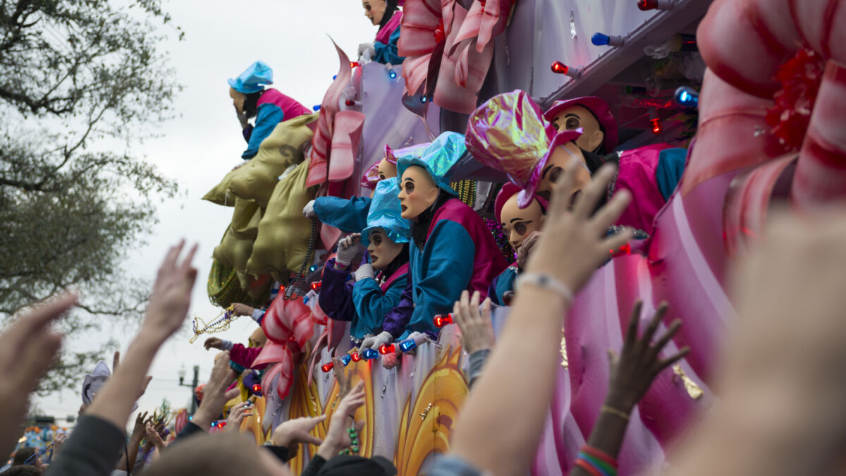 children and parents reaching for throws at a Mardi Gras parade
