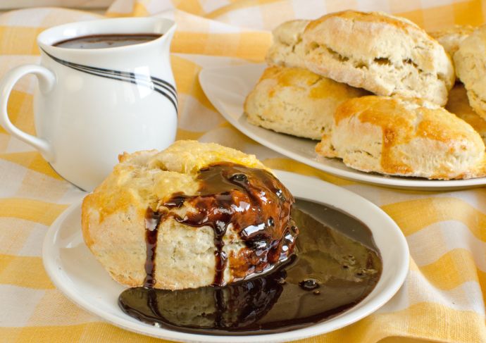 Chocolate gravy over biscuits