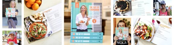 Collage of images showing the Eat Fit cookbook and hat