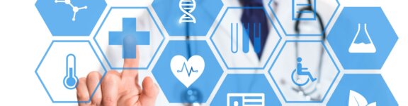 Close up of finger clicking digital medicine icon collage