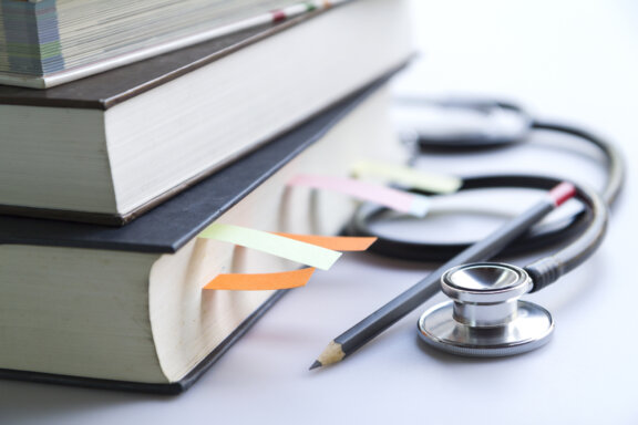 Educational healthcare books with stethescope