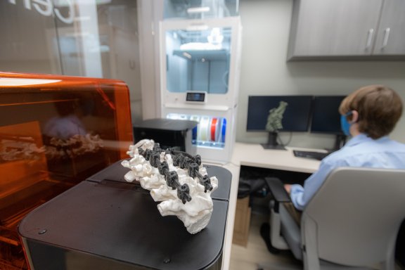 man working on computer behind 3 d model of spine