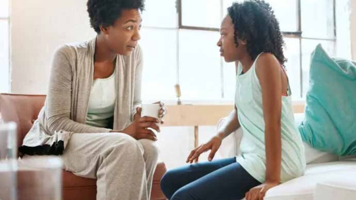 Mom talking to daughter