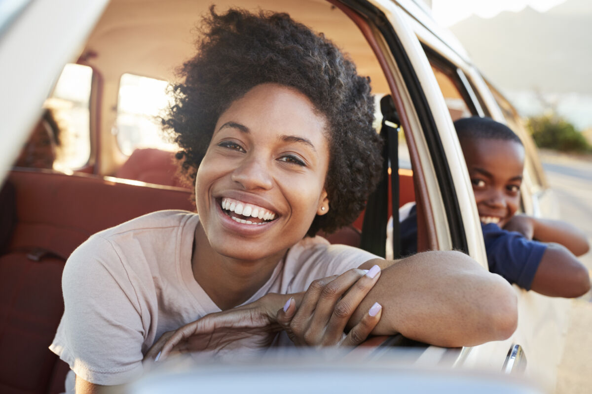 Mother and son in car