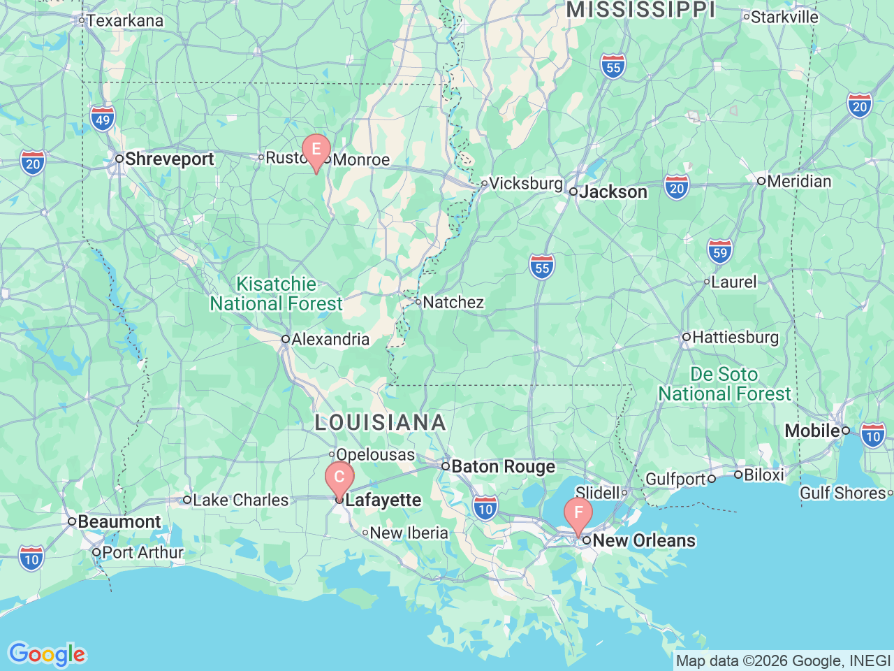 Map of Ochsner-affiliated facilities that provide services related to Adult Congenital Heart Disease