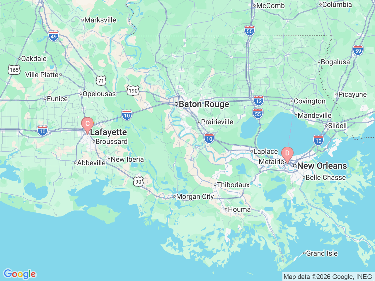 Map of Ochsner-affiliated facilities that provide services related to Adult Congenital Heart Disease