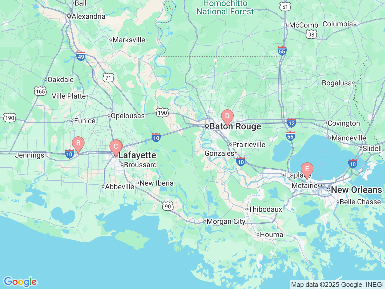 Map of Ochsner-affiliated facilities that provide services related to Advanced Endoscopy/Pancreatic and Biliary Services